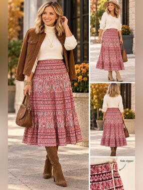 Chaps Denim Printed Red Paisley Tiered Midi Skirt Boho 100% Cotton